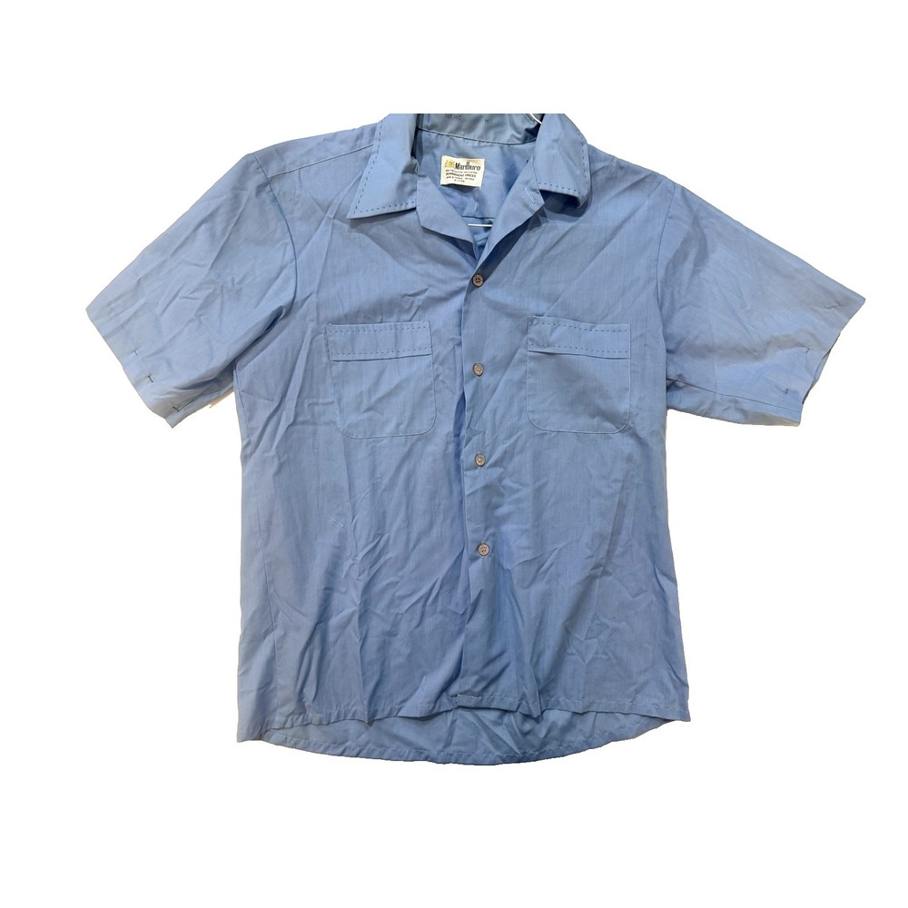 Vintage 70s Marlboro Permanent Press Shirt Blue M Short‎ Sleeve Western Ranch